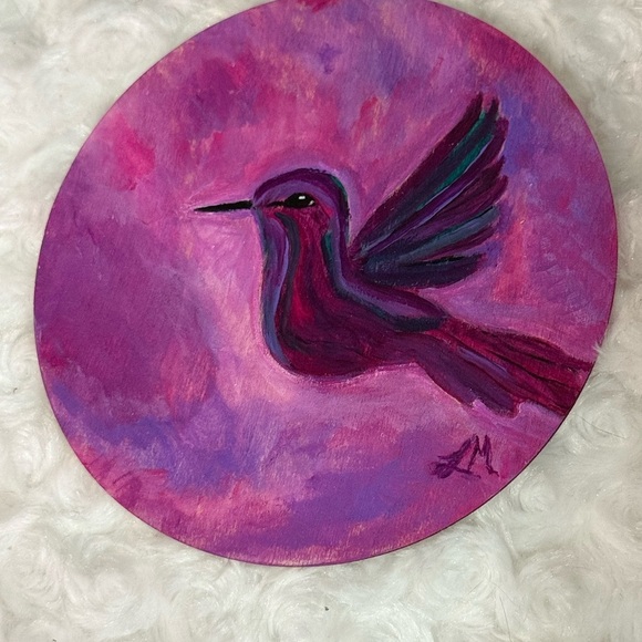 Purple and Pink Hummingbird Acrylic Painting Coaster Original ,Artist Lise Marie - Picture 2 of 3